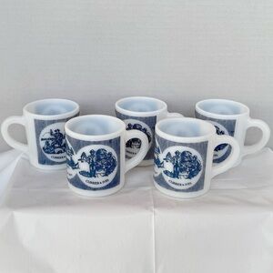 Vintage Currier & Ives Glassbake Blue and White Milk Glass Mugs 5 Available